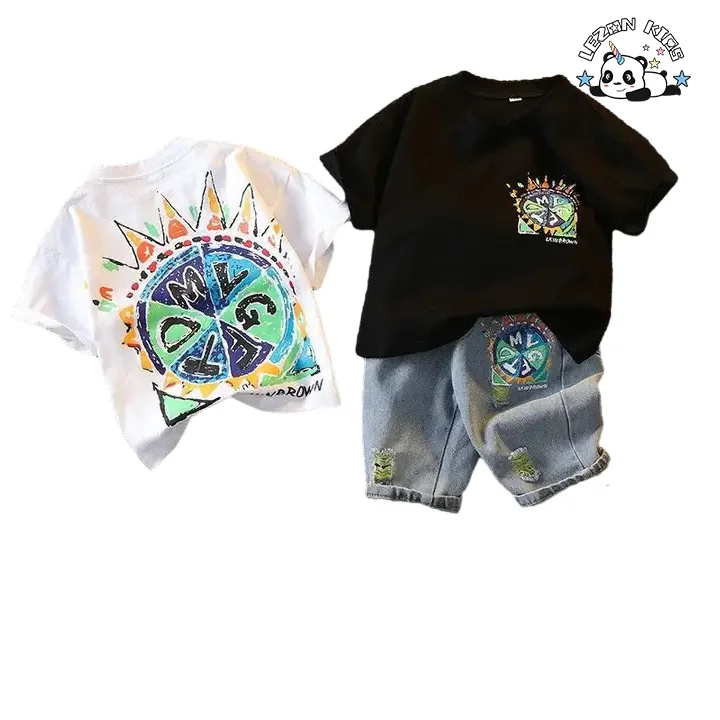 LEZONKIDS - Wholesale Private Label Fashionable Sports Short Sleeved Two-piece Set Kids Boys Casual Clothing Sets